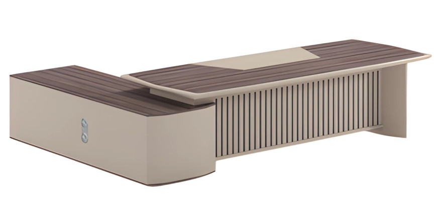 Moderný béžový písací stôl s dreveným efektom a veľkou plochou