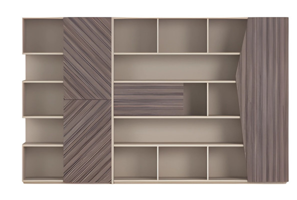 Moderný systém na uskladnenie s dreveným efektom v béžovej a hnedej, otvorená skriňa s zásuvkami