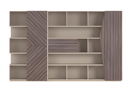 Moderný systém na uskladnenie s dreveným efektom v béžovej a hnedej, otvorená skriňa s zásuvkami