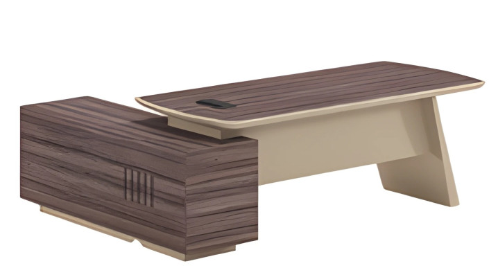 Moderný písací stôl s vzhľadom duba a hnedého dreva, doska a jeden zásuvka