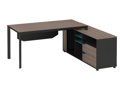 Moderný rohový stôl z tmavého dreva s policami a zásuvkami