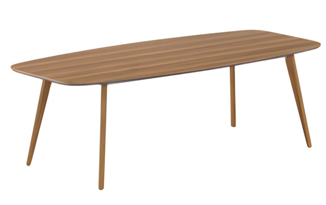 Moderný stôl s elegantnou doskou a jednoduchými drevenými nohami