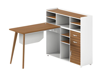 Drevený stôl Balta so zásuvkami, otvorenými priehradkami a elegantnými nohami