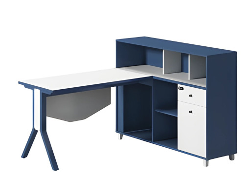 Biela a čierna kancelárska stôl s úložným priestorom, otvorenými policami a elegantnými nohami