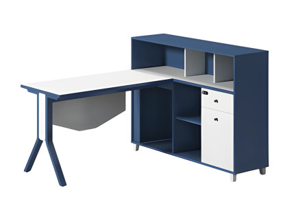 Biela a čierna kancelárska stôl s úložným priestorom, otvorenými policami a elegantnými nohami