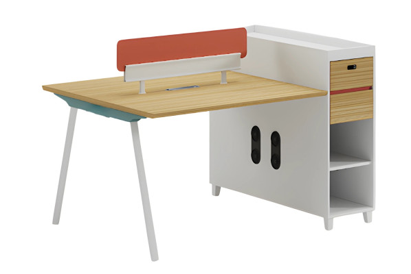 Moderný písací stôl s opierkou, úložným priestorom a policami