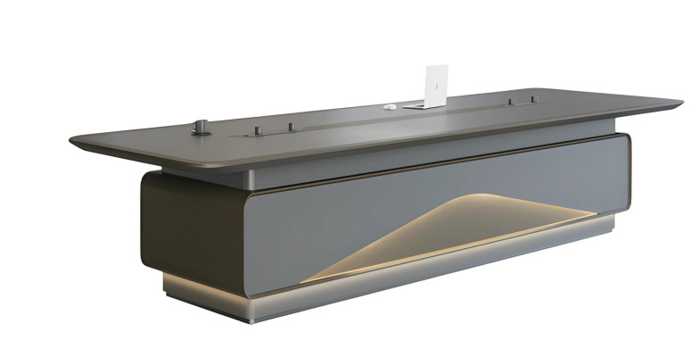 Luxusný sivý konferenčný stolík s LED osvetlením a spravovaním káblov