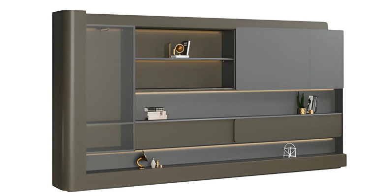 Moderná čierna kancelárska skriňa so sivým LED osvetlením a úložným priestorom