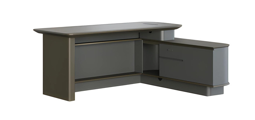 Moderná sivá rohová miza so skladom a elegantnými prechodmi na káble