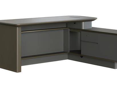 Moderná sivá rohová miza so skladom a elegantnými prechodmi na káble