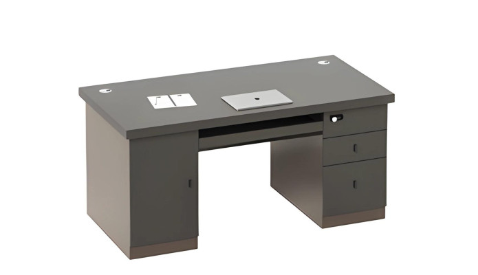 Sivé písacie stôl s úložným priestorom a zásuvkami, kanálmi na káble, zámkom