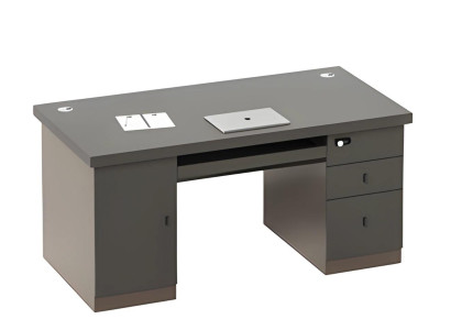 Sivé písacie stôl s úložným priestorom a zásuvkami, kanálmi na káble, zámkom