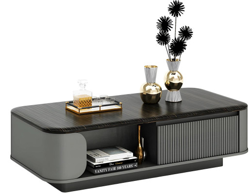 Moderná kávová miza s elegantným dizajnom a čiernou doskou, plus otvorené police