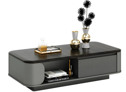 Moderná kávová miza s elegantným dizajnom a čiernou doskou, plus otvorené police