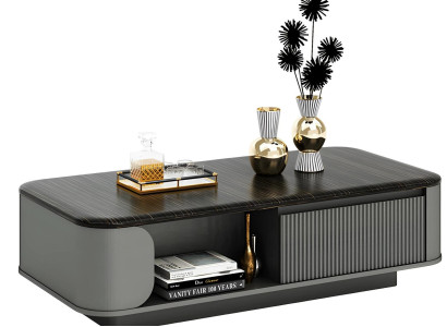 Moderná kávová miza s elegantným dizajnom a čiernou doskou, plus otvorené police