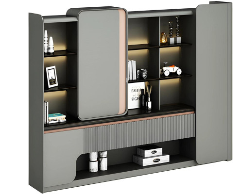 Moderná avokádová skriňa s otvorenými policami a jednoduchým, elegantným osvetlením v sivej farbe