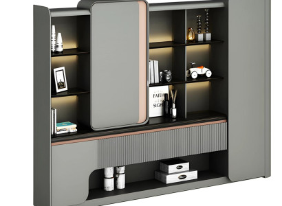 Moderná avokádová skriňa s otvorenými policami a jednoduchým, elegantným osvetlením v sivej farbe