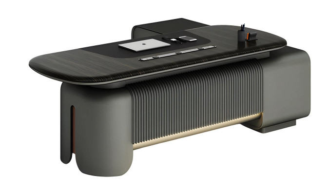 Moderný písací stôl s elegantným dizajnom a čiernym povrchom, osvetlenie