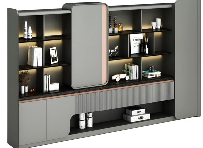 Moderná buková miza s otvorenými policami, LED osvetlením, jednoduchou eleganciou, sivý dizajn