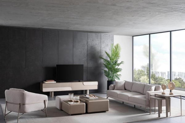 Moderný a elegantný obývací priestor v béžovej