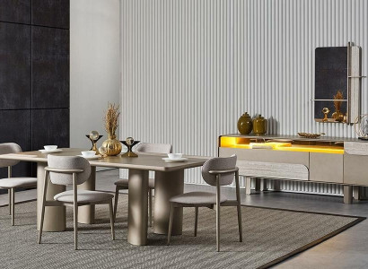 Elegantný set béžovej jedálenskej stoly so stoličkami a konzolou