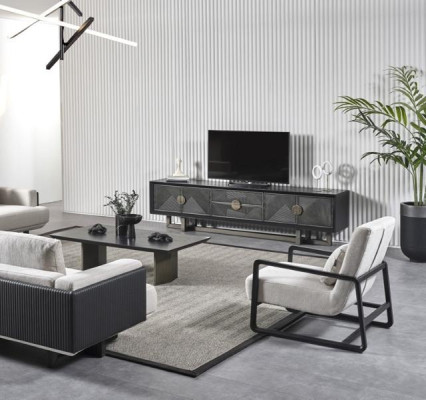 Moderná hnedá textilná sedacia súprava a kreslo