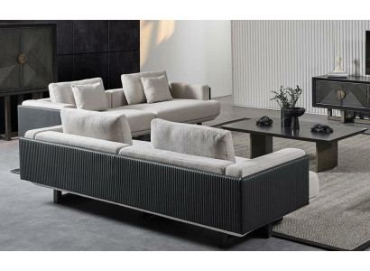 Nábytkový set v hnedej tkanine so stolom a lavicami