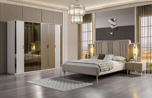 Kompletná posteľná súprava s posteľou, 2 nočnými stolíkmi a modernou skriňou, 4 kusy