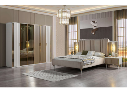 Kompletná posteľná súprava s posteľou, 2 nočnými stolíkmi a modernou skriňou, 4 kusy