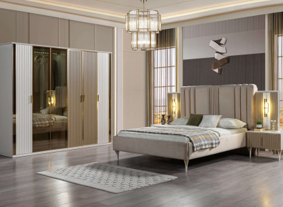 Kompletná posteľná súprava s posteľou, 2 nočnými stolíkmi a modernou skriňou, 4 kusy