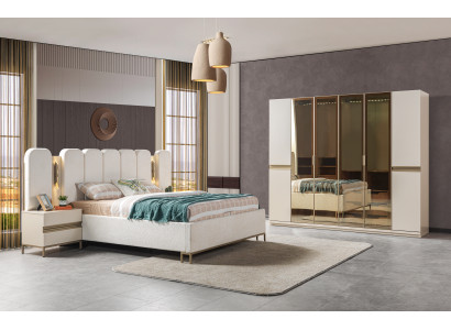 Moderná nábytková súprava do spálne 4 kusy: posteľ, skriňa, nočný stolík