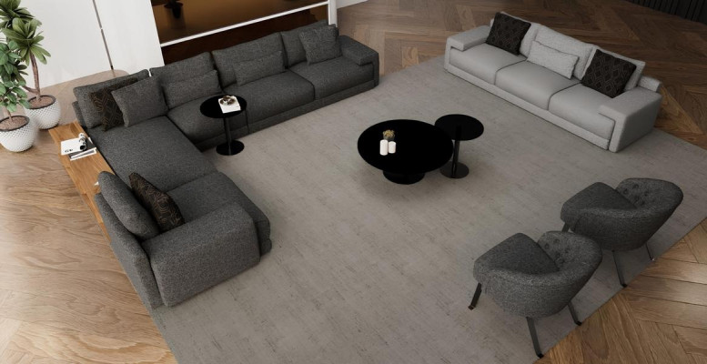 Elegantný rohový gauč s dvoma kreslami, ktorý spája dizajn a pohodlie