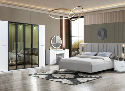 Kompletný nábytok do spálne v štyroch častiach: posteľ, skriňa, nočný stolík, drevo 6 častí