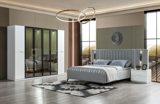 Posteľný set v štyroch častiach posteľ, skriňa, nočná lampička z dreva