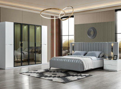 Posteľný set v štyroch častiach posteľ, skriňa, nočná lampička z dreva