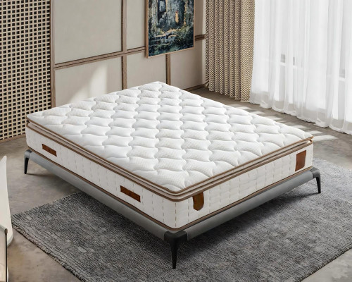 Sivá posteľ s vankúšmi z textílie a dreva, moderný dizajn