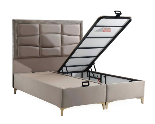 Posteľ béžová s vankúšom z tkaniny a dreva