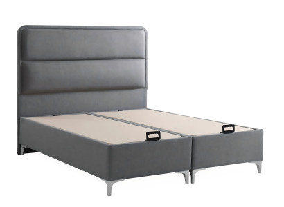 Moderná sivá posteľ s vankúšom z textilu a dreva