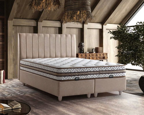 Posteľ z béžovej tkaniny s elegantnou matracou