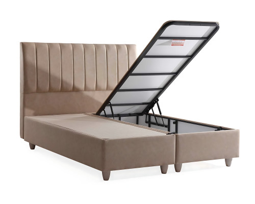Posteľ z béžovej tkaniny s elegantnou matracou