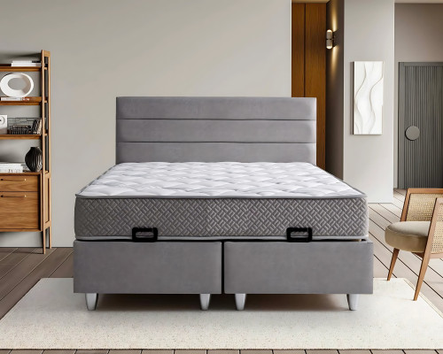 Elegantná posteľ z látky a dreva s matracom