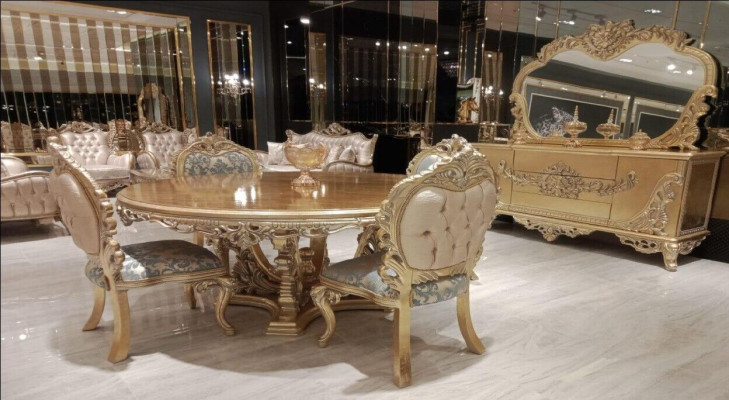 Luxus Garnitur Set Esszimmer Esstisch Stuhl Kommode Spiegel Stühle Tisch 7tlg.