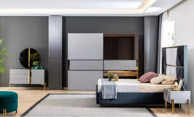 Kleiderschrank Schrank Schlafzimmer Grau Holz Modern Design Garderobenschrank