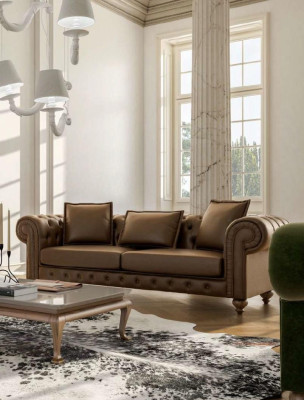 Braune Chesterfield Luxus Sofagarnitur Moderner Dreisitzer Sessel Textil