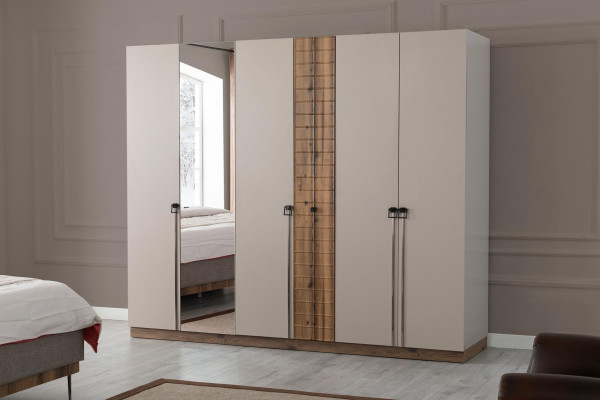 Schlafzimmer Moderne Garnitur Textil Doppelbett Holz Kleiderschrank 4tlg