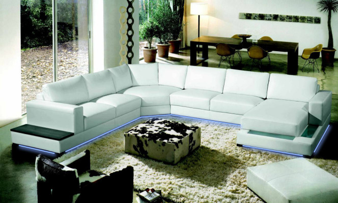 Große Ledersofa Couch Sitz Polster Eck Garnitur Wohnlandschaft mit Beleuchtung