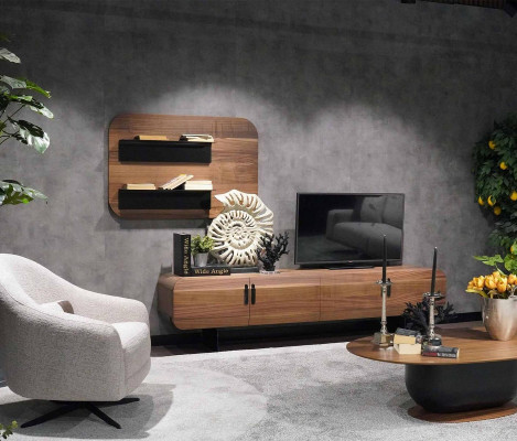 Wohnwand Komplett Set Wohnzimmer Garnitur Braun Möbel Wandregal Neu