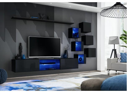 Schwarz Komplett Set Wohnwand Luxus Holzmöbel Designer Modern Wandschrank