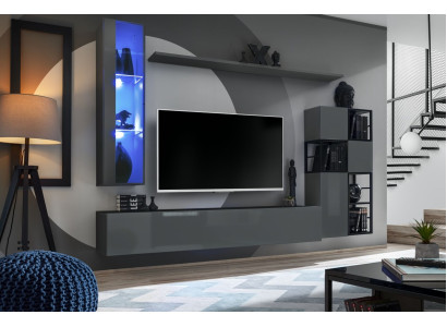 Designer Grau Wohnwand Hänge VitrineTV Ständer Komplett Hochglanz Sideboard