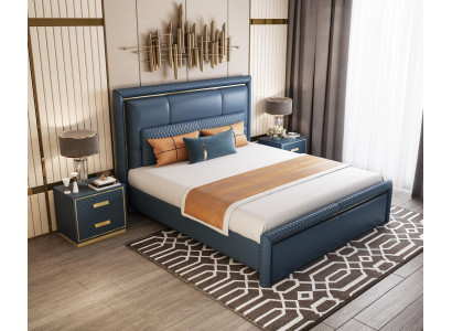 Schlafzimmer Set Bett 2x Nachttisch 3 tlg Design Modern Luxus Blau Gold